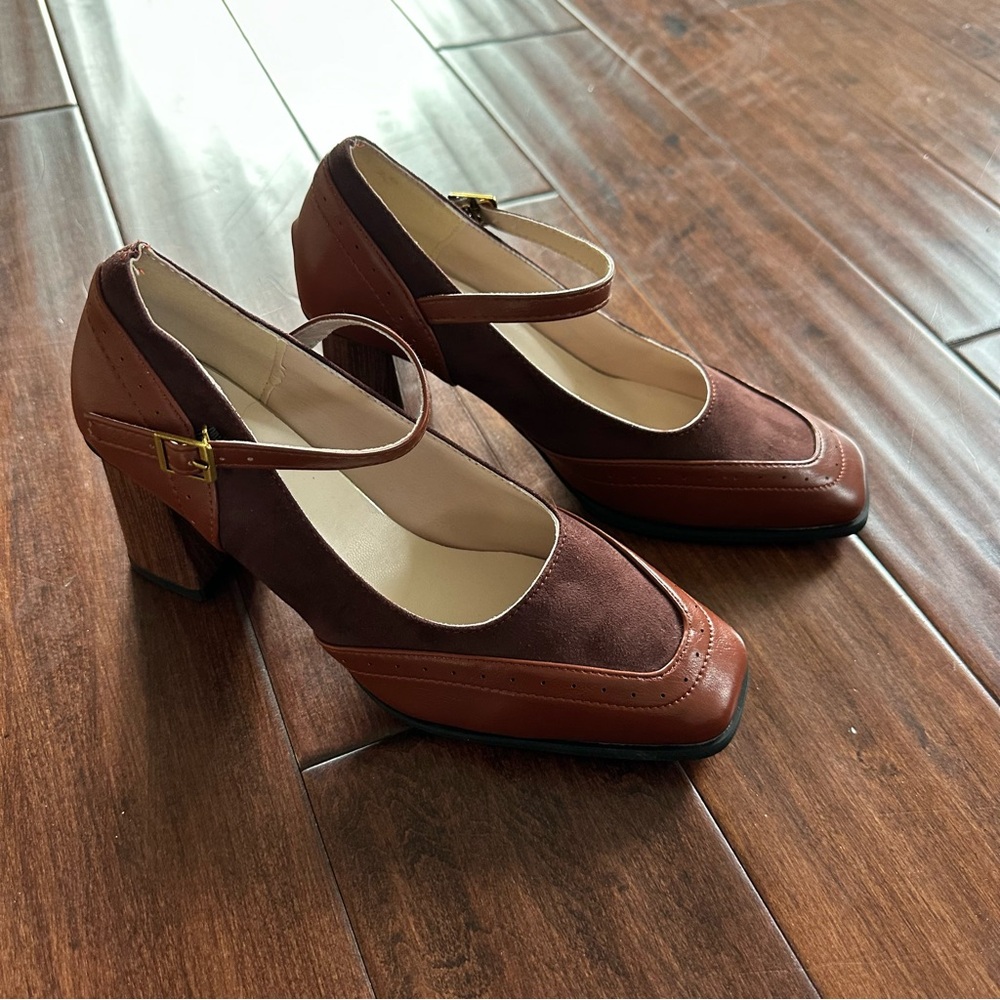 Vintage Style Brown Suede & Leather Mary Jane Heels Square Toe Dark Academia - Picture 3 of 9